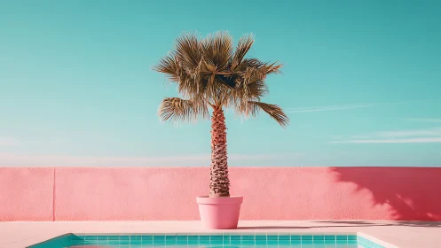 Single potted palm tree stands by turquoise swimming pool