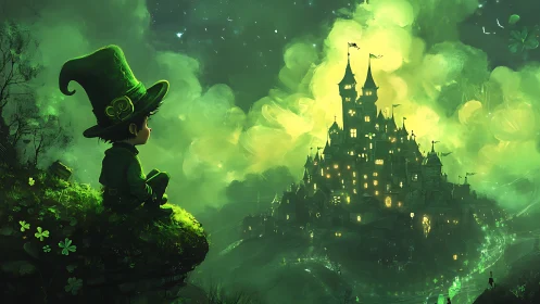 Lone child in green hat watching glowing fantasy castle.