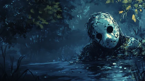 Masked figure emerging from dark forest pond at night.