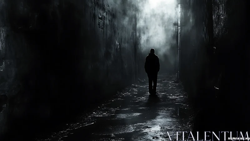Photorealistic nocturnal alleyway with silhouetted figure composition.