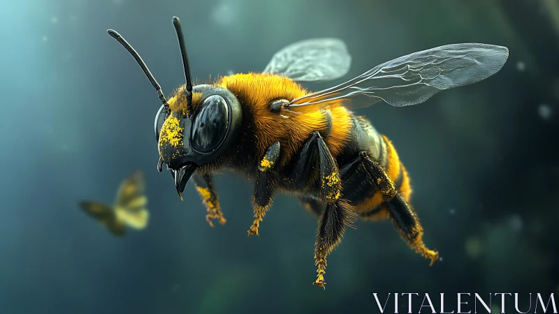 Hyperreal bee in flight glows against a teal hazy bokeh field