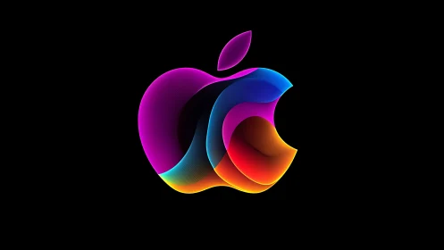 Multicolor gradient apple emblem with layered luminous ribbons