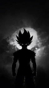 Anime silhouette warrior against lunar backlight stormscape.
