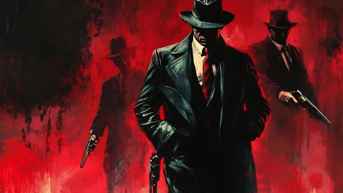 Noir hitmen in trench coats within crimson abstraction.