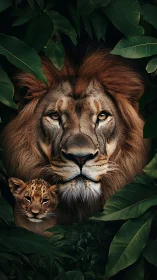 Lion and Cub Among Jungle Foliage in Portrait.