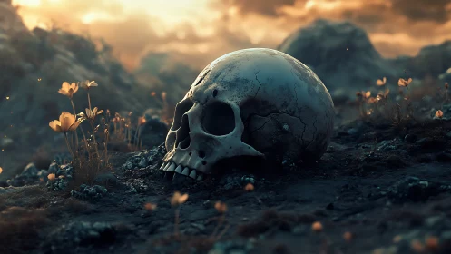 Human skull on rocky ground with scattered small flowers.