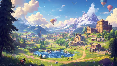 Expansive fantasy valley town with mountains and balloons.