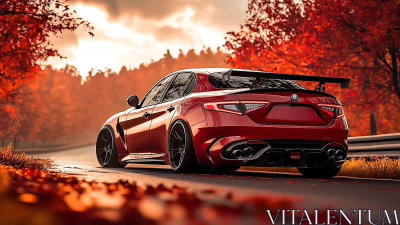 Crimson sports sedan on autumn forest track at sunset.