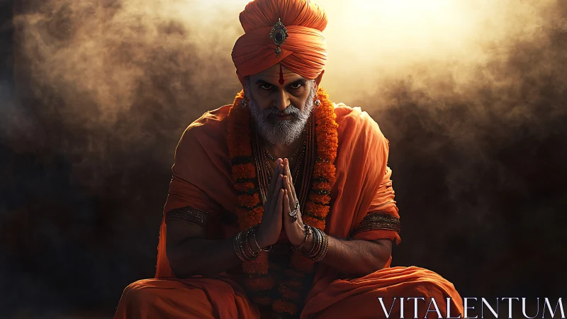 Elderly man in orange garments seated in folded hands pose.