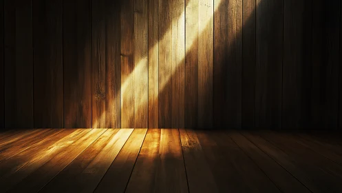 Sunlit wooden room interior with warm diagonal light beam.