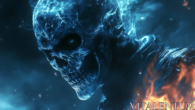 Volumetric blue flame skull with high-contrast thermal rim lighting