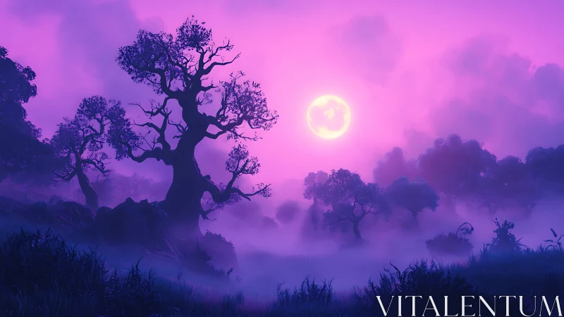 Moonlit misty forest glowing in dreamy violet twilight.