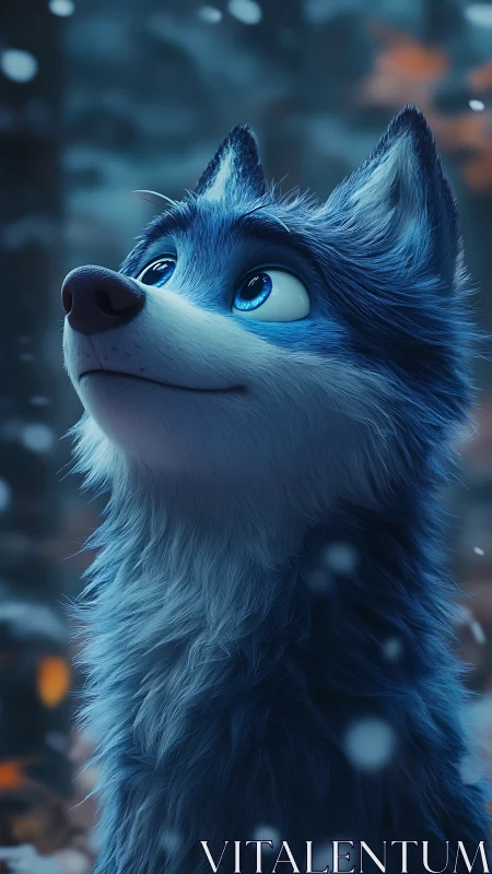 Blue-furred stylized husky in volumetric winter lighting.