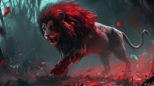 Digital painting of a bloodlit lion in a feral forest stride.