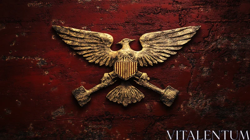 Golden eagle emblem with crossed tools on rusted red wall