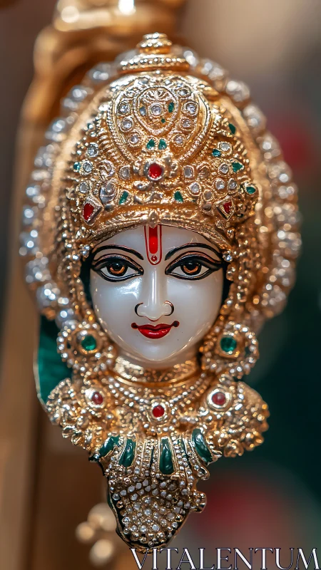 Ornate goddess-like jeweled mask glows in rich golden light.