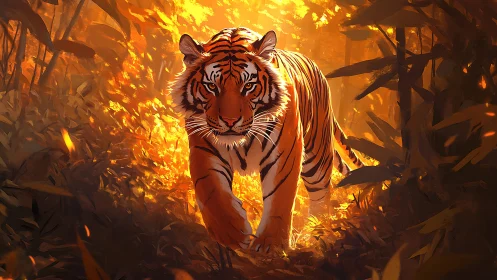 Golden jungle tiger strolling through warm evening light.
