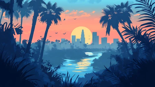 Sunlit city skyline glows beyond tranquil tropical river