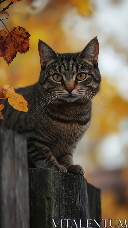 Tabby Guardian Perches Between Seasons on Weathered Wood