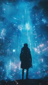 Silhouetted figure stands before vertical blue neon cityscape