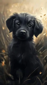 Black puppy portrait in soft golden field light.