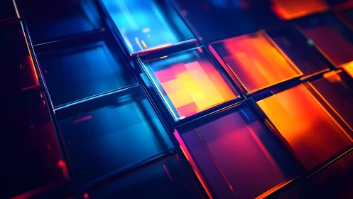 Vibrant glass tiles in abstract digital art style with neon lighting.