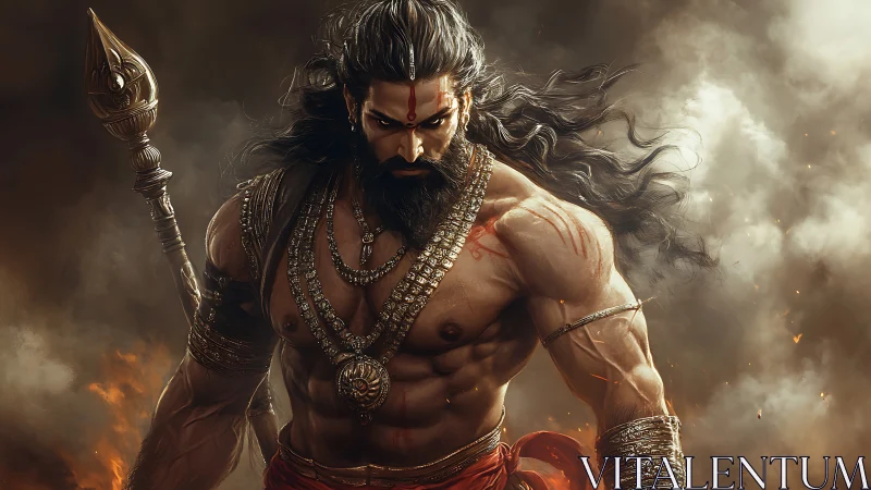 Storm-lit warrior sage standing fierce within swirling fire.