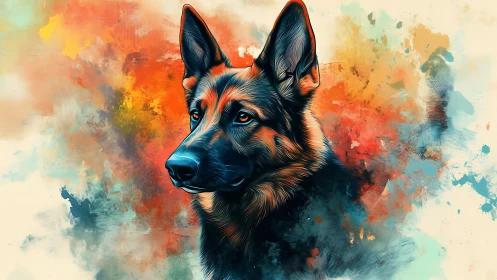 German Shepherd portrait amid abstract bokeh color dispersion