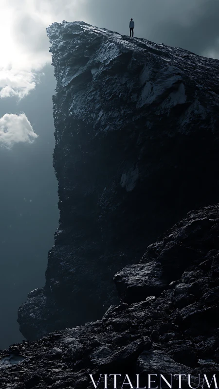 Solitary figure greets a towering cliff in soft storm light