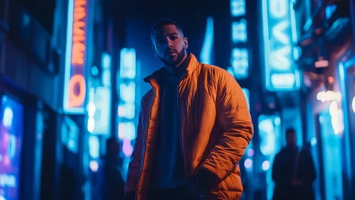 Neon nightwalker in amber jacket crossing electric city glow.