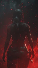 Armed female silhouette stands against burning red embers.