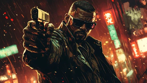 Neon storm enforcer aims down a rain slicked cyber alley.