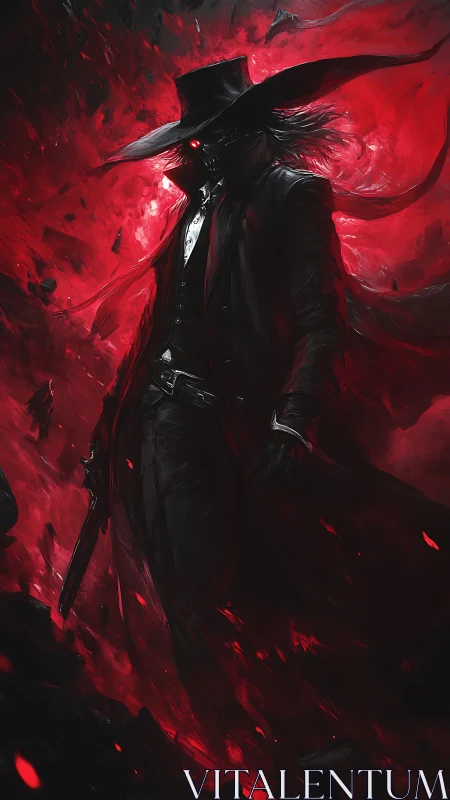 Gun-wielding vampiric silhouette strides through infernal red vortex