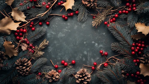 Flat lay Christmas wreath border with pine, berries, slate backdrop
