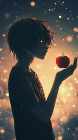 Quiet starlit boy with glowing eyes and a floating apple.