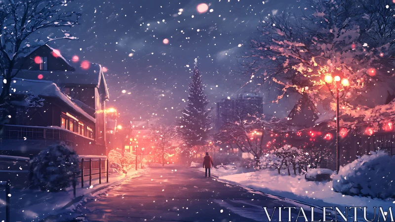 Snowlit winter street with festive lanterns and lone figure.