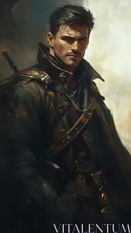 Rugged leather-clad wanderer in chiaroscuro portrait study.