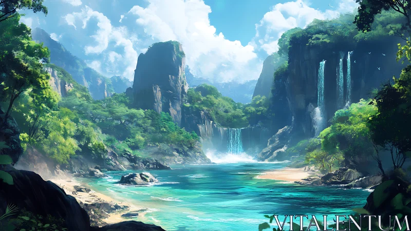 Tropical canyon landscape with cascading waterfall and turquoise lagoon