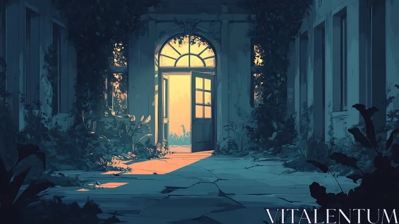 Sunlit doorway opens onto an overgrown abandoned courtyard.