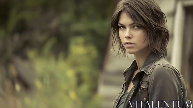 Moody young woman stands outdoors in soft cinematic light