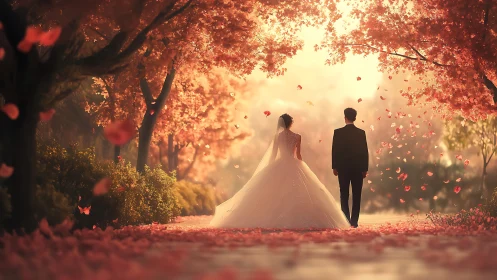 Bride and groom walking under romantic autumn blossoms.