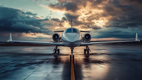 Private jet parked on wet runway under stormy sunset sky