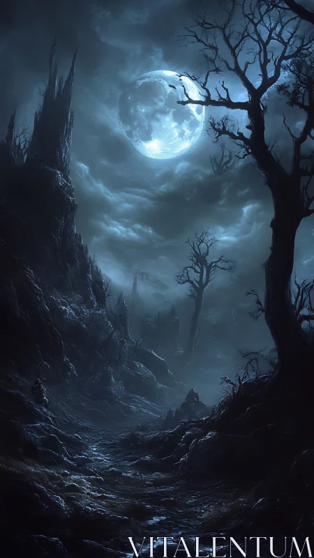 Moonlit path through bleak twisted forest at night.