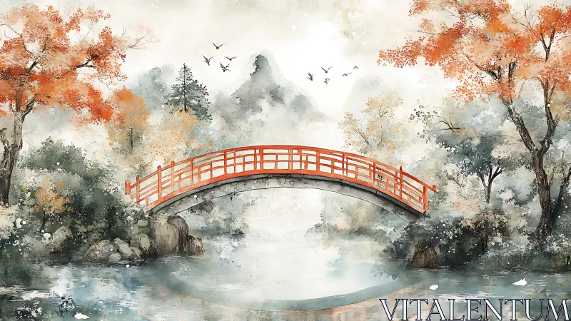 Red arched bridge over misty river in autumn forest scene