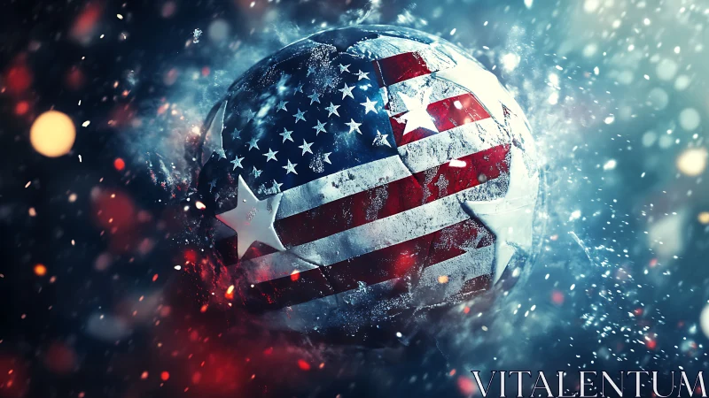 Star-spangled soccer sphere blazing through cosmic sparks.