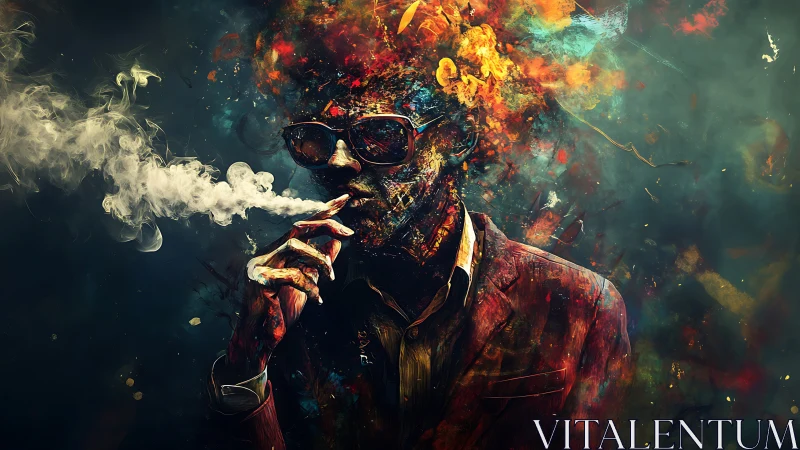 Man smoking as colorful abstract smoke engulfs his head