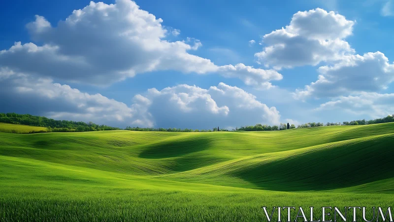 Rolling emerald fields under storybook clouds and sky.