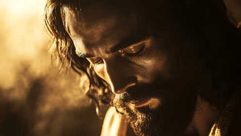 Side-lit close portrait of bearded man with downward gaze.