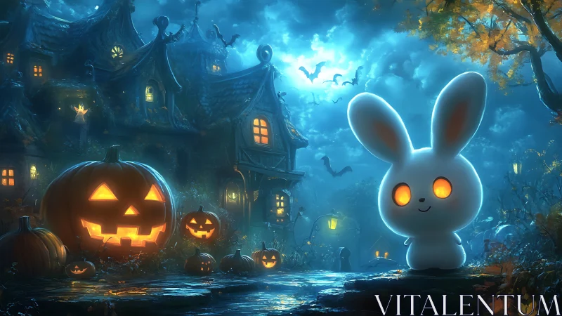 Glowing eyed rabbit stands in front of pumpkins at night