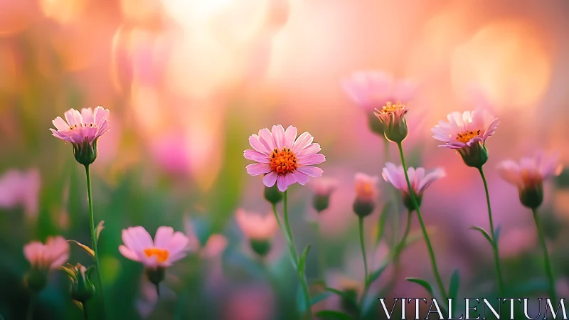 Pink Daisies Dancing Through Golden Hour Reverie.